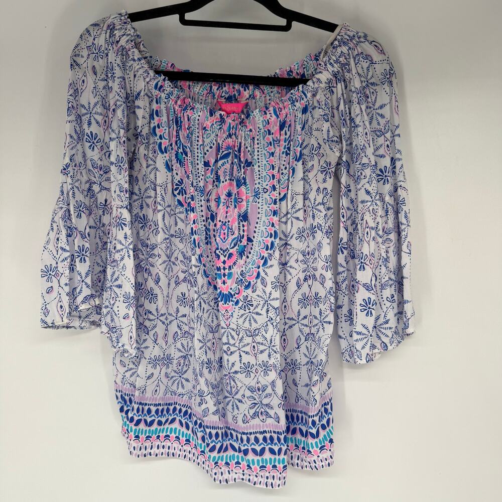 Lilly Pulitzer Nevie Off-The-Shoulder Top Women's Sz S Blue White Preppy Coastal